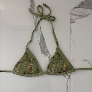 Olive Green Smocked Triangle Bikini Top with Floral Accents